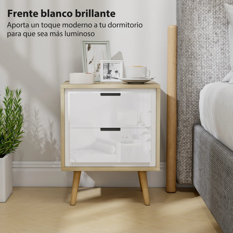 HOMCOM Juego de 2 Mesitas de Noche Modernas con 2 Cajones con Deslizamiento Silencioso 40x35x50 cm Blanco Brillo y Roble