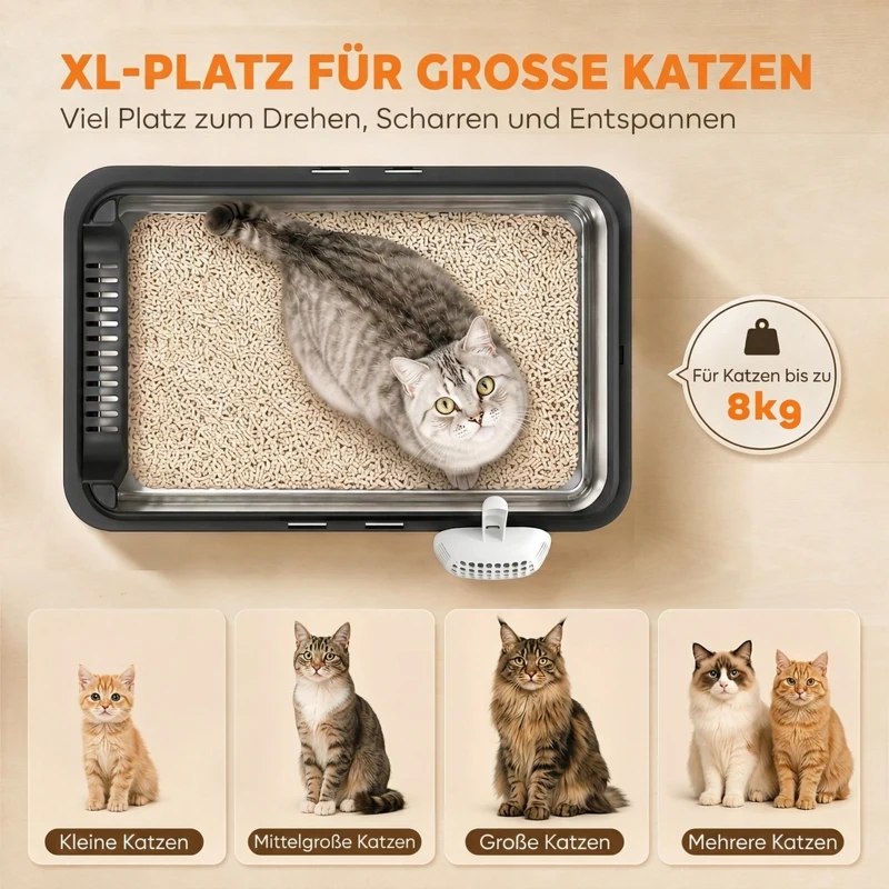 PawHut Set van 2 XL RVS kattenbakken met hoge rand en kap, 60 x 40 x 30 cm, halfopen, incl. 2 scheppen, voor grote katten tot 8 kg