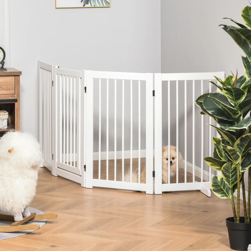 PawHut Barrera de Seguridad para Perros Plegable de Madera para Escaleras y Puertas con Soporte de Pie 204x36x75 cm Blanco