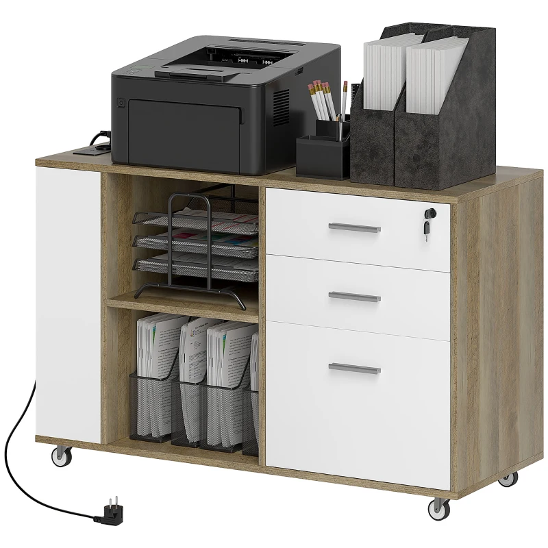 HOMCOM Mueble Archivador con Ruedas 3 Cajones Estación de Carga Cerradura y Estantes 100x40x65,5 cm Marrón Grisáceo
