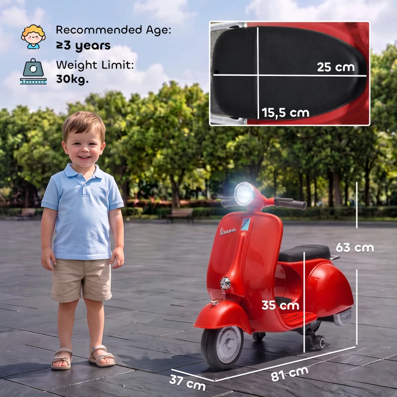 AIYAPLAY Mota Elétrica Infantil VESPA com Arranque Suave, Rodas de Apoio, Luz, Música e USB - Vermelho