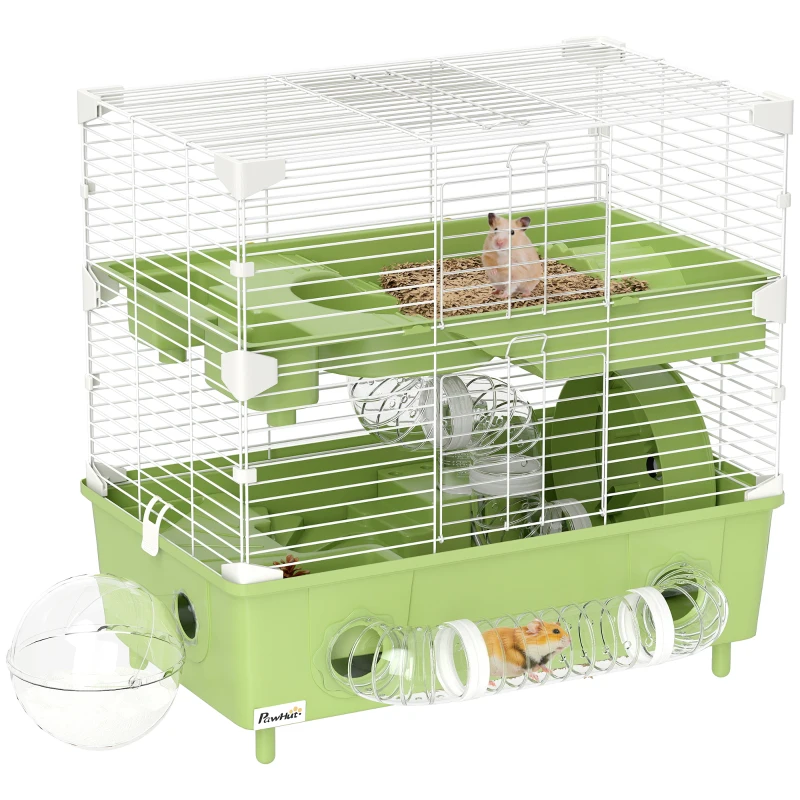 PawHut Cușcă pentru Hamsteri cu 2 Nivele și 3 Uși cu Roată și Tuburi, din Oțel, PS și PP, 44.5x28x44 cm, Verde și Alb