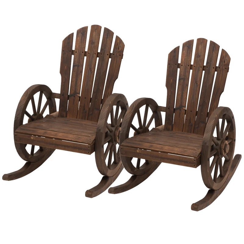 Outsunny 2 Piece Wooden Adirondack Rocking Chair Reclining Armchair Outdoor Garden Furniture Patio Porch Rocker - Carbonized Wood Colour
