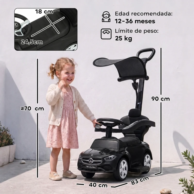 AIYAPLAY Correpasillos Bebés 3 en 1 Mercedes-Benz con Barra de Empuje Capota Barandilla de Seguridad Música 12-36 Meses Negro