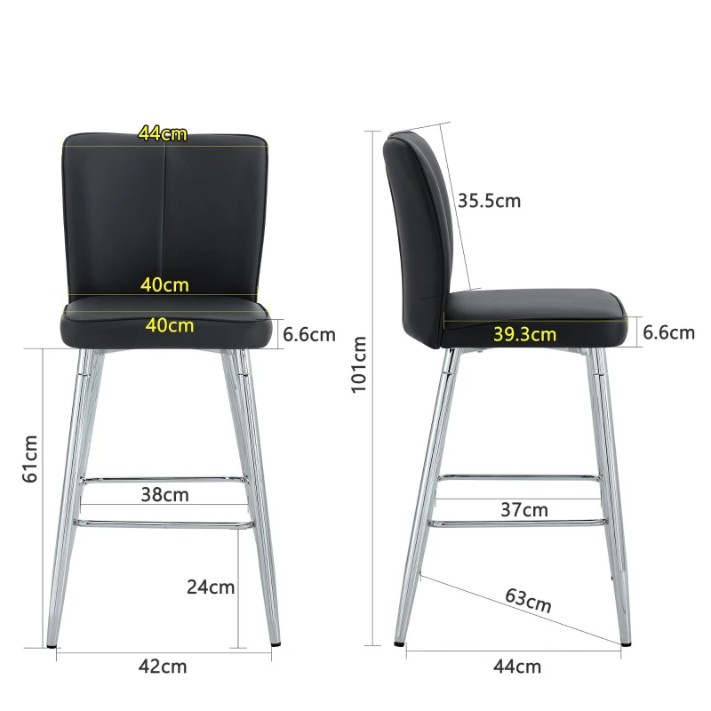 Tabouret de bar haut, lot de 2, pieds réglables antidérapants, 44,00x44,00x101,00 cm, Noir+Argent