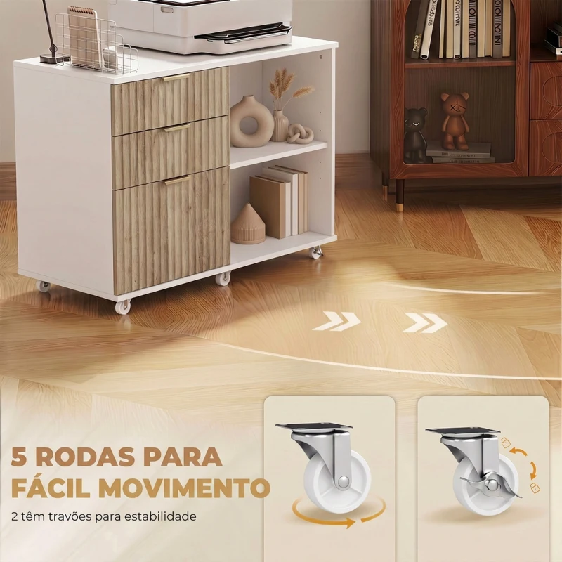 HOMCOM Móvel para Impressora com Rodas 3 Gavetas Barra Ajustável e 2 Prateleiras Abertas para Documentos A4 Branco e Carvalho