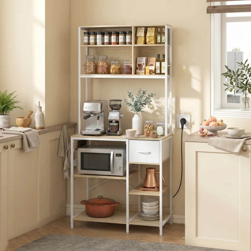 HOMCOM Estantería de Cocina Soporte de Microondas con Estantes y 6 Ganchos para Espacios Reducidos 80x40x181 cm Roble
