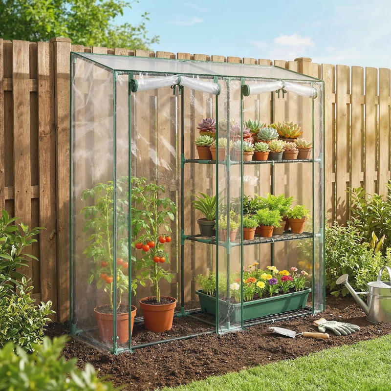 Outsunny Seră Verticală cu 2 Secțiuni și 3 Rafturi, din Plastic și Oțel, 143x45x151 cm, Verde Închis și Transparent