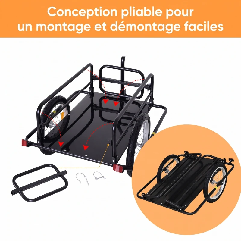 HOMCOM Remorque vélo remorque de transport pour vélo 70 L 155L x 71,5l x 77H cm poignée barre d'attelage universelle pliable acier Charge max. 40 Kg noir