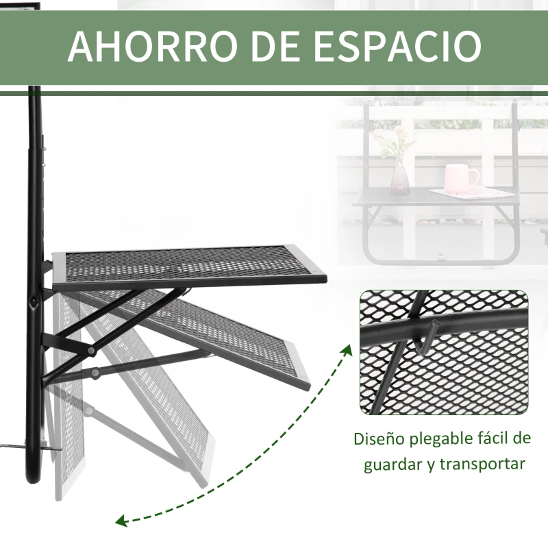 Outsunny Mesa Colgante para Balcón Plegable de Metal con Altura Ajustable en 4 Niveles Carga 10 kg 60x60x57-72 cm Negro
