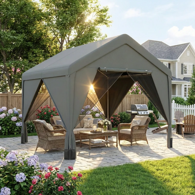 Outsunny 3 x 3 m Patio Gazebo with Netting & Curtains, Outdoor Canopy Shelter with Galvanised Steel Frame, Dark Grey