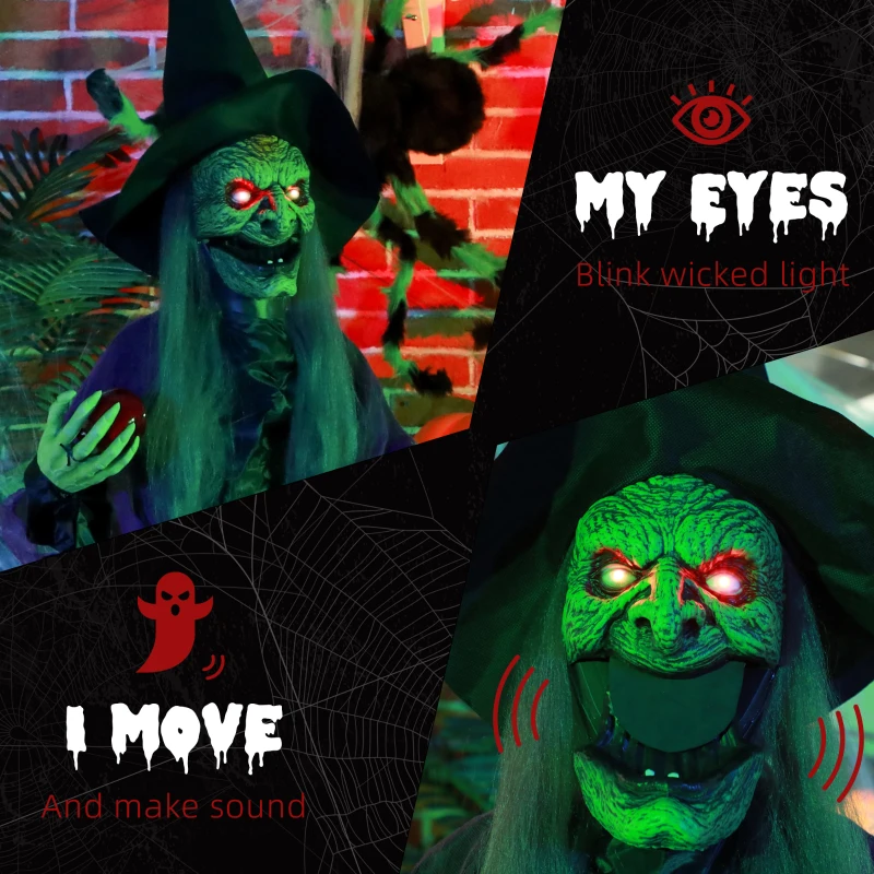 HOMCOM 180 cm Life Size Halloween Animated Standing Witch, Spooky Witch with Glowing LED Eyes,  Battery Operated