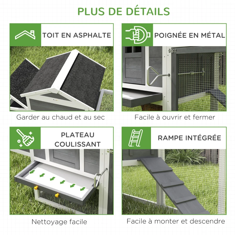 PawHut Poulailler en bois poulailler pour poules extérieur avec pondoir bac amovible en bois massif 297,5 x 68 x 118 cm blanc