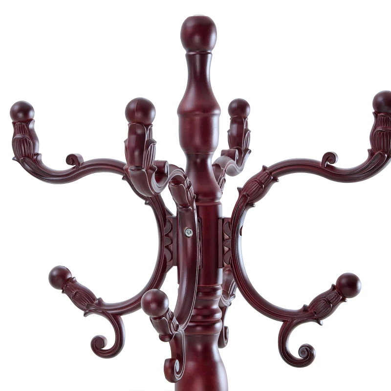 Porte-manteau européen en bois massif, design sculpté et élégant, plusieurs crochets à hauteurs variées, 48x48x195 cm, Noyer