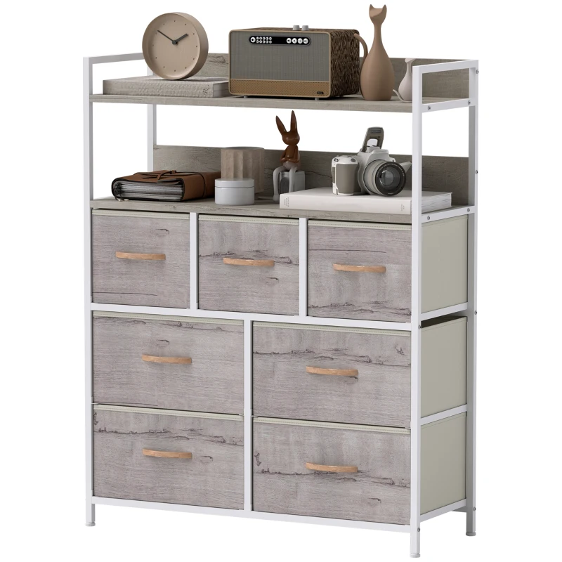 HOMCOM Rustic Chest of Seven Fabric Drawers - Natural Wood Finish