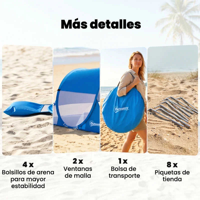 Outsunny Carpa de Playa Automático para 1-2 Personas con 1 Puerta 2 Ventanas y Bolsa de Transporte 200x120x90 cm Azul