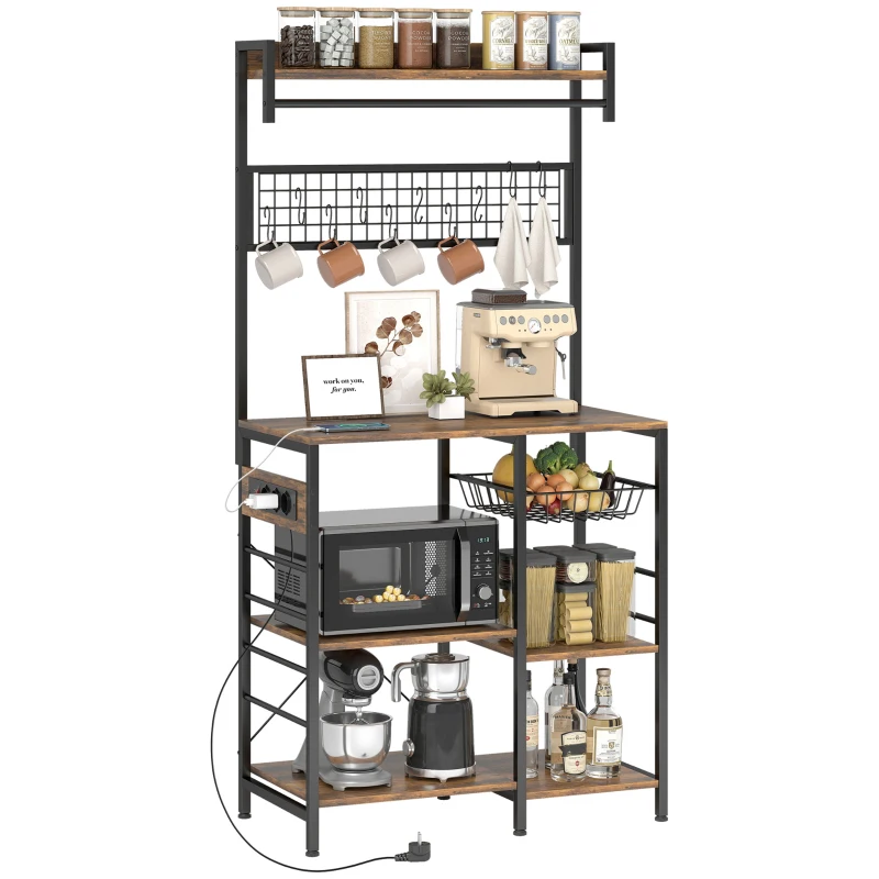 HOMCOM Scaffale Bucătărie Con Prize E Led, Struttura In Oțel, Marrone Rustic