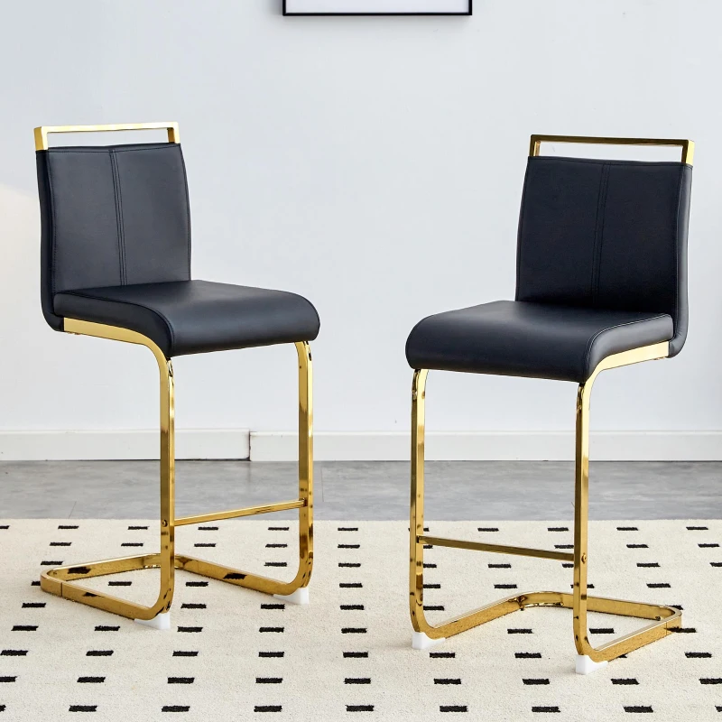Lot de 2 tabourets de bar style nordique, design épuré et élégant avec piètement métal doré robuste, 39x46.5x96.5 cm, Noir+Doré