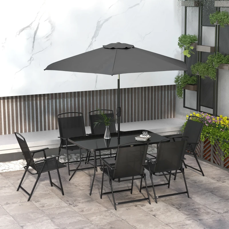 Outsunny Juego de Comedor de Jardín de 8 Piezas con 1 Mesa de Cristal 6 Sillas Plegables y 1 Sombrilla para Terraza Patio Negro