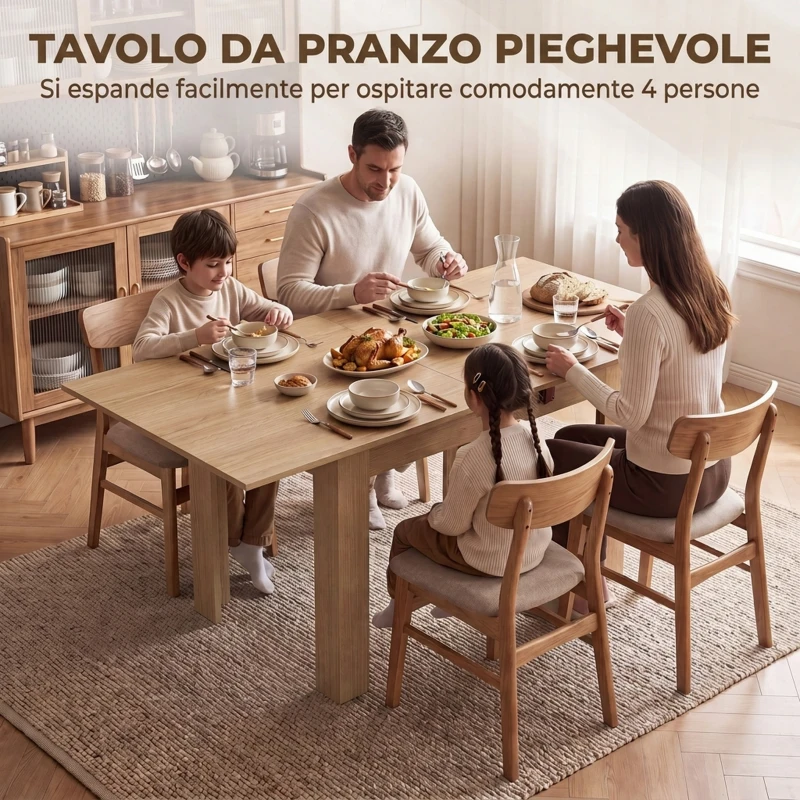 HOMCOM Tavolo da Pranzo Pieghevole in Legno per 4 Persone, 140x70x77 cm, Rovere
