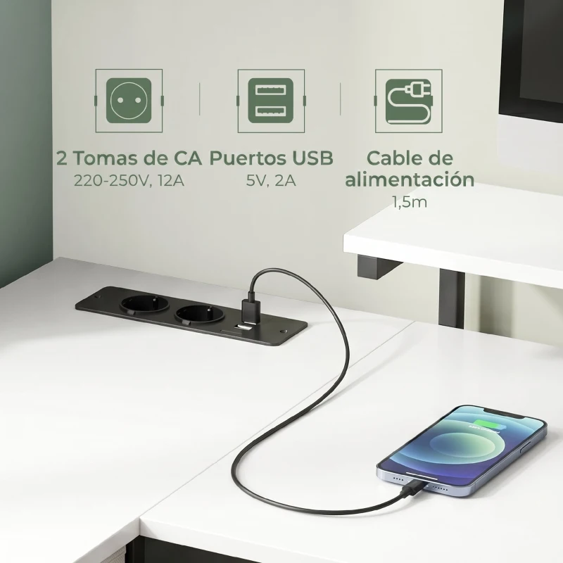 HOMCOM Escritorio en L Reversible con 4 Cajones de Tela 2 Enchufes y 2 Puertos USB Soporte para Monitor 155x112 cm Blanco