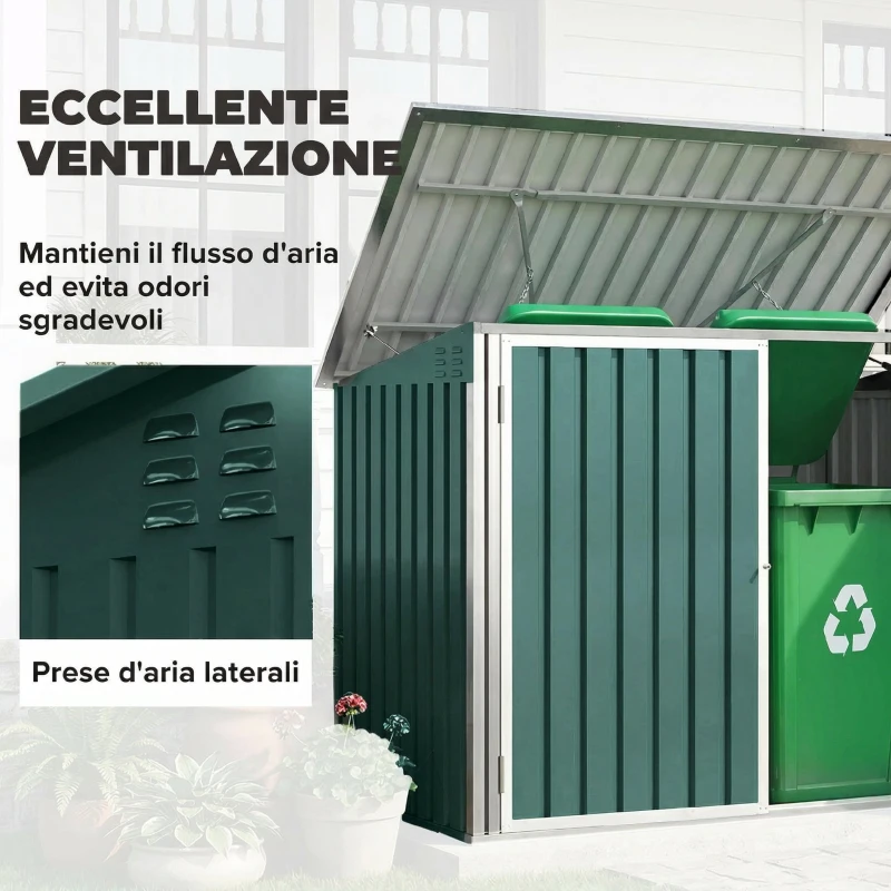 Outsunny Capanno Esterno Acciaio per Bidoni Spazzatura con Doppia Porta