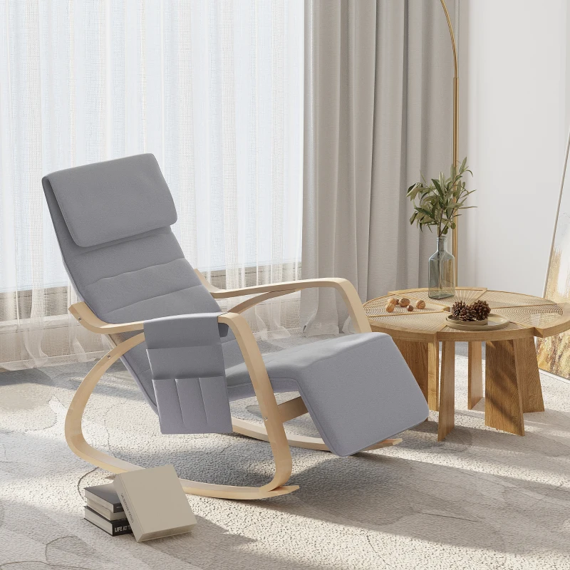 HOMCOM Silla de Relax Mecedora Balancín de Madera con Reposapiernas Ajustable y Bolsa para Revistas (Gris)