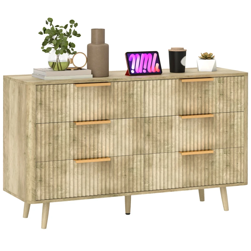 HOMCOM Commode 6 tiroirs scandinave avec poignées et pieds de pin, pour chambre à coucher, salon, couloir, 120x40x76cm, chêne