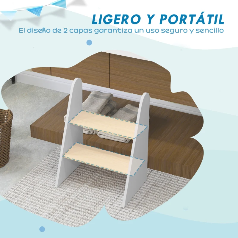 AIYAPLAY Taburete para Niños de 2 Peldaños Torre de Aprendizaje para Niños de +3 Años para Baño Cocina Librería Dormitorio Blanco