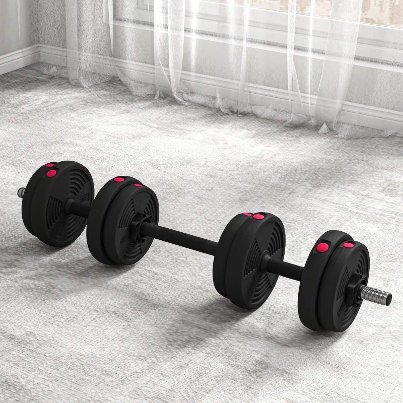 SPORTNOW Set 2 in 1 con 2 Manubri Convertibili in Bilanciere, Peso Totale 15 kg e Dischi Pesi Regolabili, Rosso