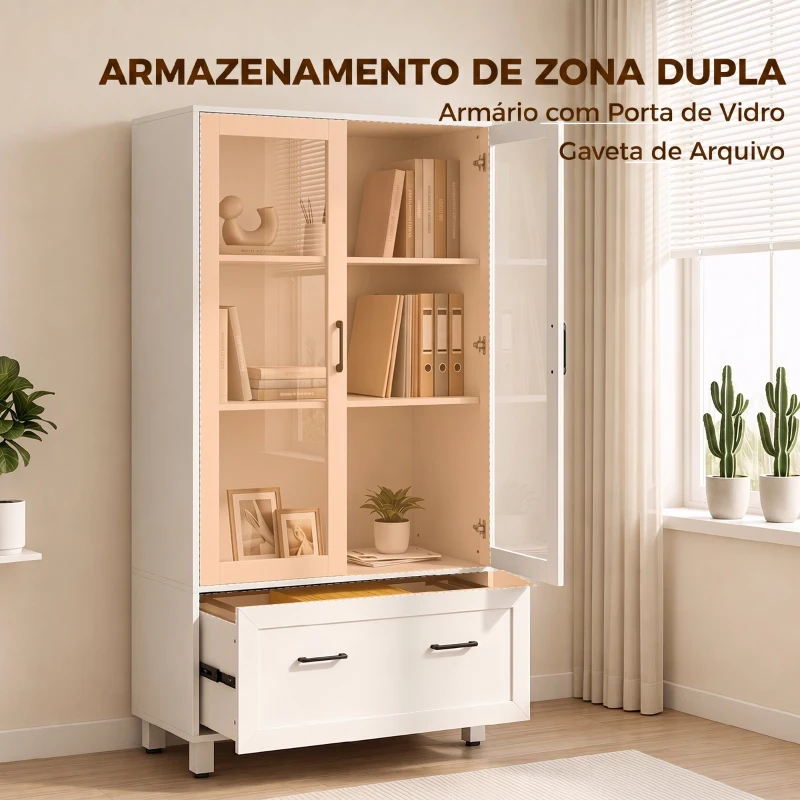 HOMCOM Arquivador com Portas de Vidro e Gaveta, Armário de Escritório com Barras Ajustáveis para Arquivo, 75x40x141 cm, Branco