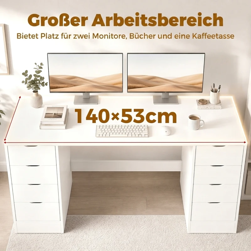 HOMCOM Bureau 140 cm met 8 laden, modern bureau met opbergruimte, witte houtlook