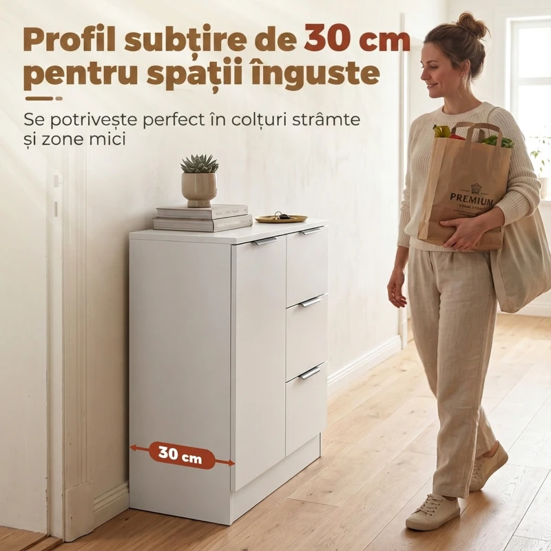 HOMCOM Dulap Comodă Îngustă Con 3 Sertare E Ușă Închidere Silențioasă
