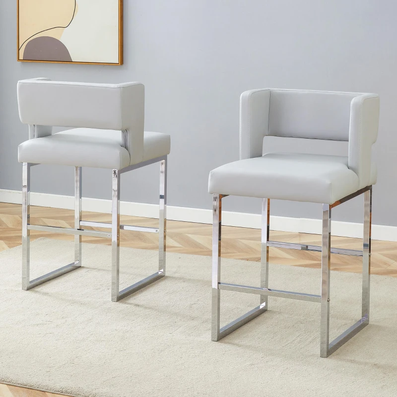 Lot de 2 tabourets de bar style nordique, structure métallique robuste avec pieds argentés, 48x53.3x91.4 cm, Gris clair+Argent
