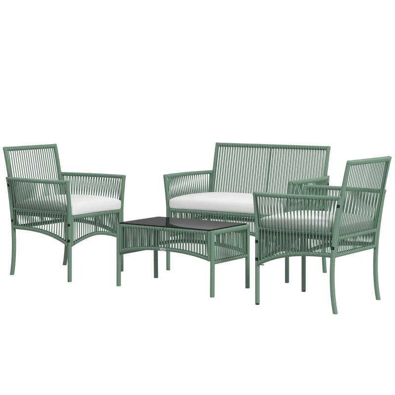 Outsunny Conjunto de Jardín Exterior de Ratán Sintético con 2 Sillones 1 Sofá de 2 Plazas 1 Mesa de Centro y Cojines Verde