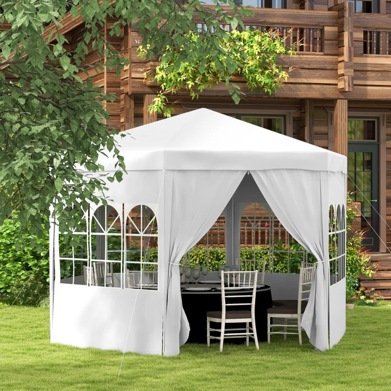 Outsunny 4m Hexagonal Gazebo Canopy Party Tent, Includes 6 Removable Side Walls for Outdoor Events, with Windows and Doors, White(m-12)