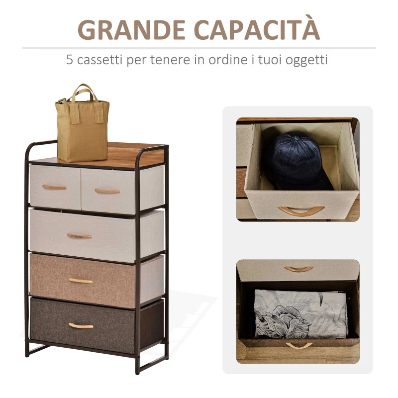 HOMCOM Mobile Cassettiera da Camera da Letto e Soggiorno, Cassettiera con 5 Cassetti Pieghevoli in Tessuto e Ripiano in MDF, 58x29x99cm, Multicolore