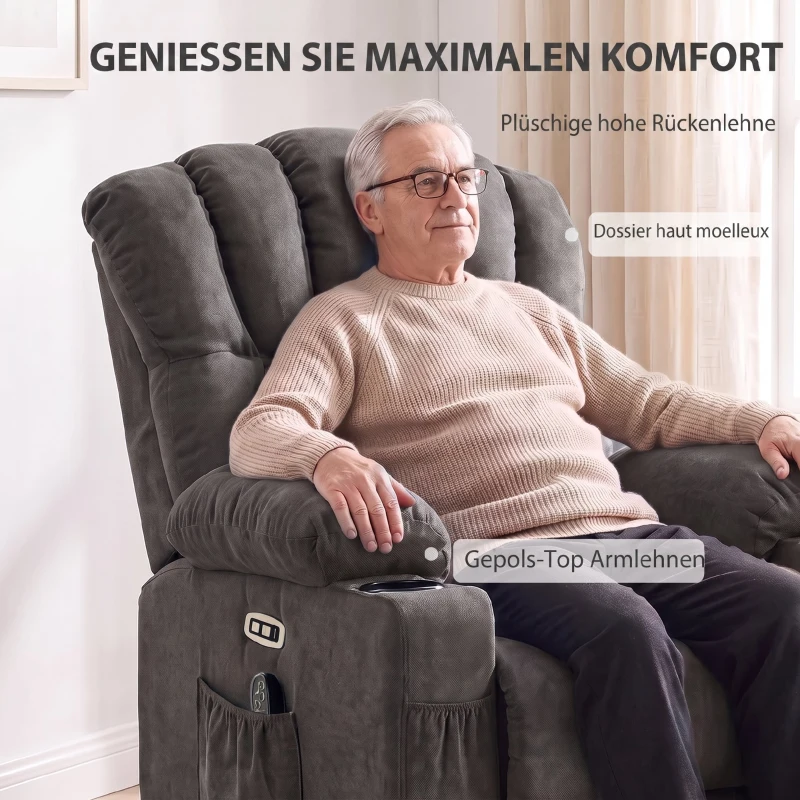 HOMCOM Poltrona Relax Reclinável Elétrica Elevatória com Massagem Vibratória, Calor, Assento Largo, USB-C, USB-A, Bolsos, Preta