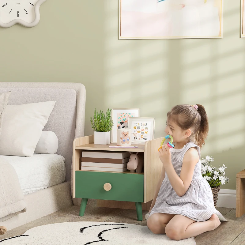 AIYAPLAY Mesita de Noche para Niños de 3 a 10 Años con Cajón y Bordes Redondeados para Dormitorio Roble y Verde