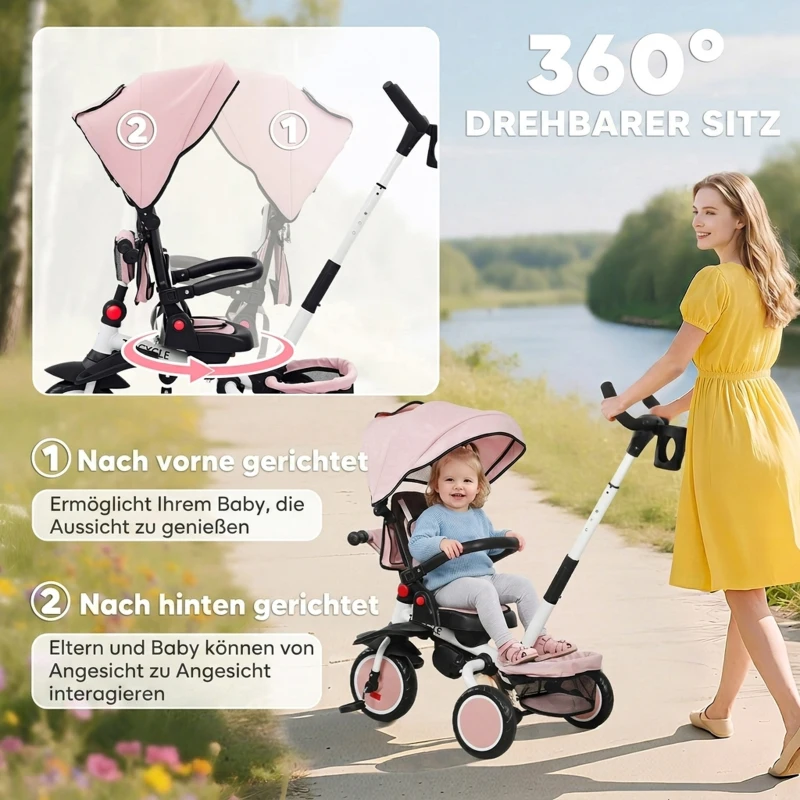 AIYAPLAY Kinderdreirad, 6-in-1 Buggy für Kleinkinder, mit Schiebegriff, verstellbarer Sitz, faltbares Design, Sicherheitsnetz