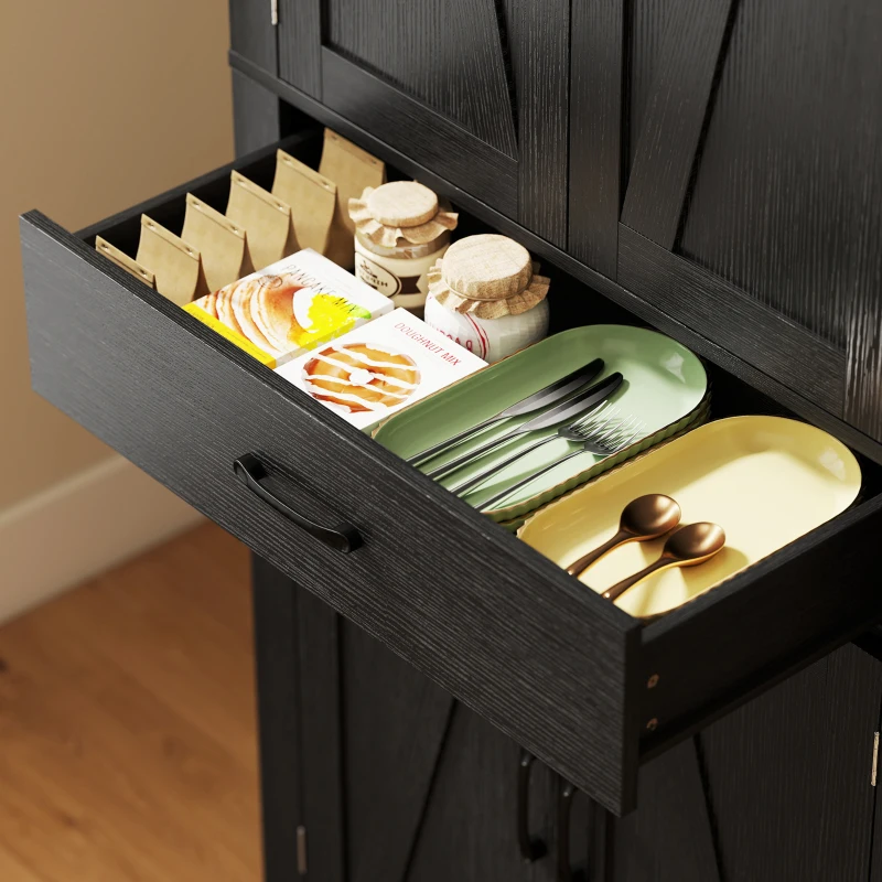 HOMCOM Dispensa Cucina in stile Country con 2 Armadietti, 6 Ripiani e Cassetto, in Legno, 76x39.5x183.5 cm, Nero