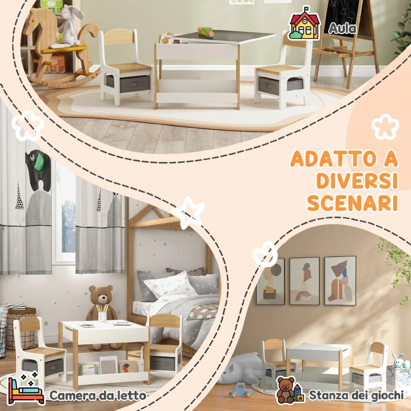 HOMCOM 3 in 1 Set Tavolo Bambini con 2 Sedie, Lavagna Rimovibile, Libreria, Scatole in Tessuto, 3-8 Anni, Naturale
