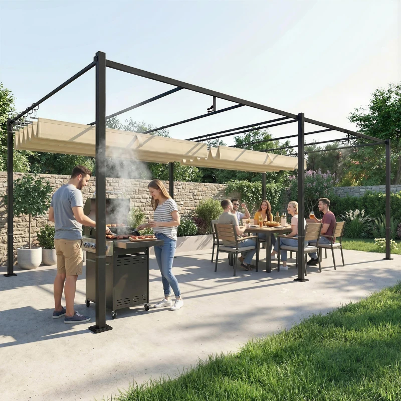 Outsunny Pergola da Giardino con Tettuccio Scorrevole UV50+ in Metallo, 5.7x2.95m, Beige