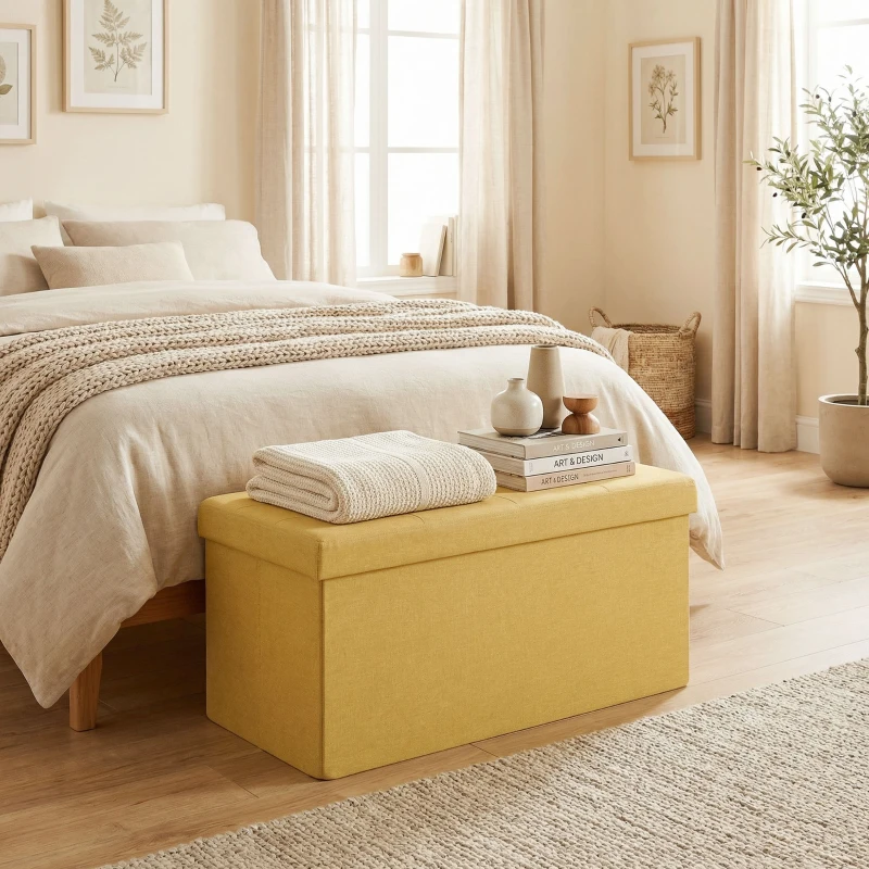 HOMCOM Puff Almacenaje, Banco Almacenaje Plegable 84 L 76x38x38 cm Tapizado en Lino Sintético Amarillo