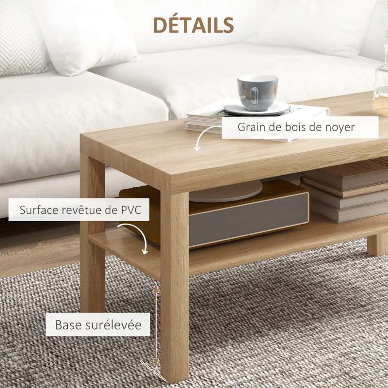 HOMCOM Table basse de salon, table d'appoint rectangulaire à 2 niveaux avec étagère de rangement, 90x45x44,5cm, bois naturel