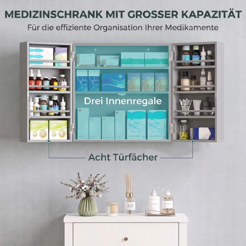 HOMCOM Wand-Medizinschrank mit Doppeltüren, Badezimmerschrank mit 4 Ablagen, abschließbar mit 2 Schlüsseln, Grau