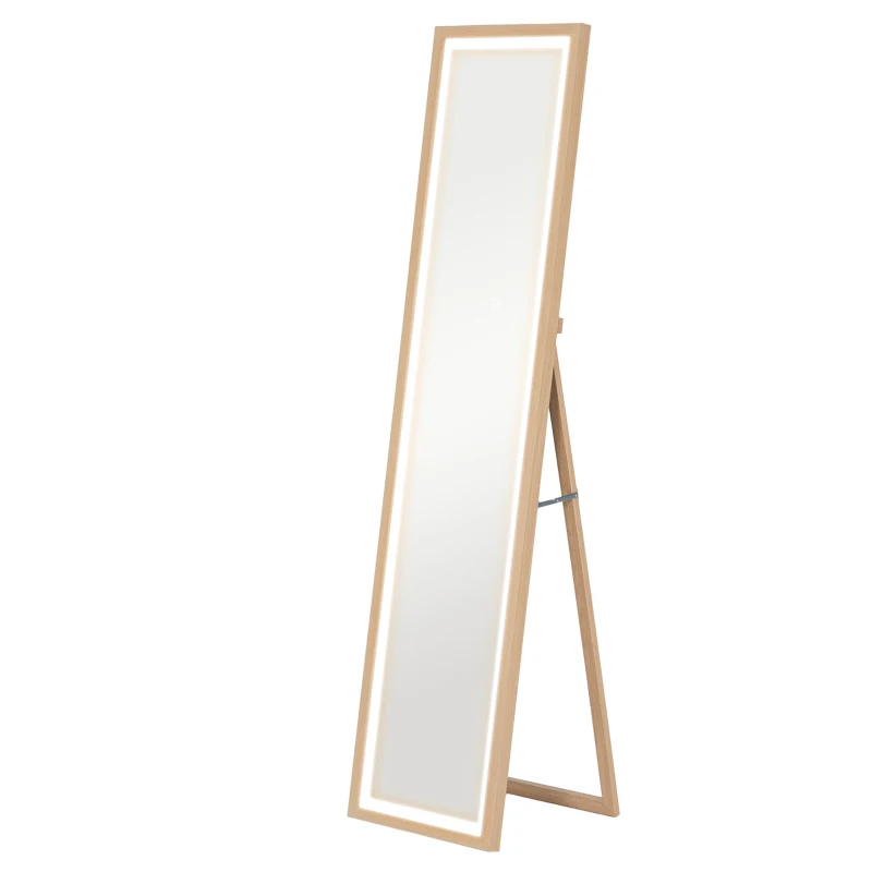 HOMCOM Grand miroir pleine longueur, miroir mural ou sur pied rectangulaire, 40 x 160 cm avec éclairage LED 3 couleurs, chêne