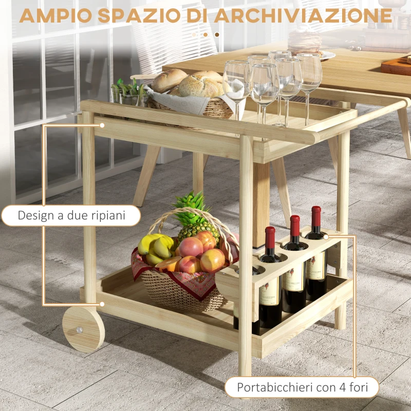 Outsunny Carrello da Giardino a 2 Ripiani e 4 Spazi Portabottiglie, in Legno di Abete, 78x58.5x75 cm