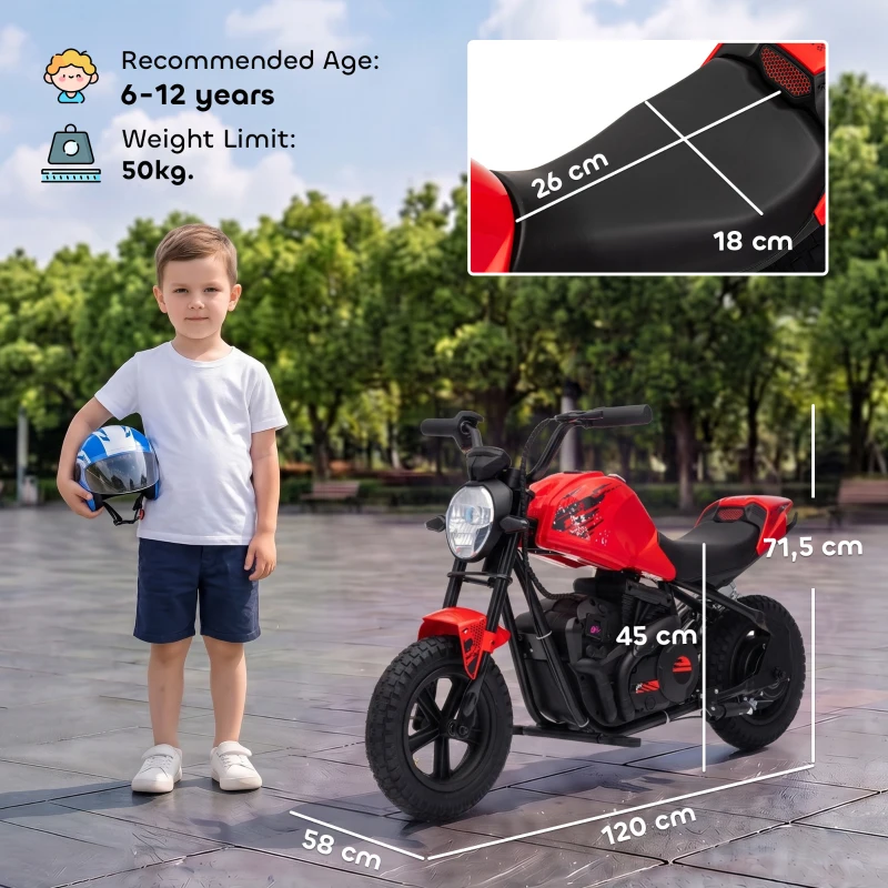 AIYAPLAY Moto da Cross Elettrica per Bambini 24V Motore 180W, 6-12 Anni, Pneumatici 30cm in Gomma, Rossa