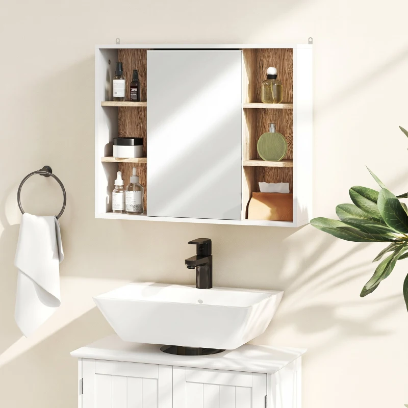 HOMCOM Dulap cu Oglindă din MDF și PAL cu 3 Rafturi Laterale și Raft Reglabil la Interior, 60x14,5x49,4 cm